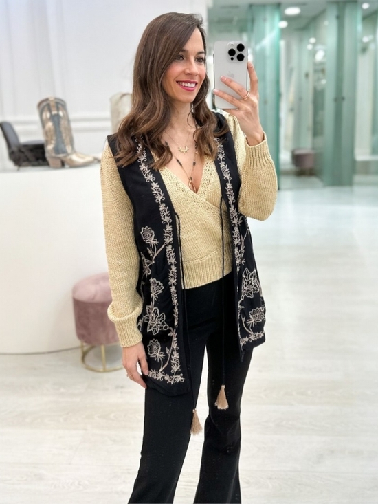 Nekane Jackets & Blazers - NWT Nekane Embroidered Boho Vest Black Gold Metallic Tassel Tie Size Small